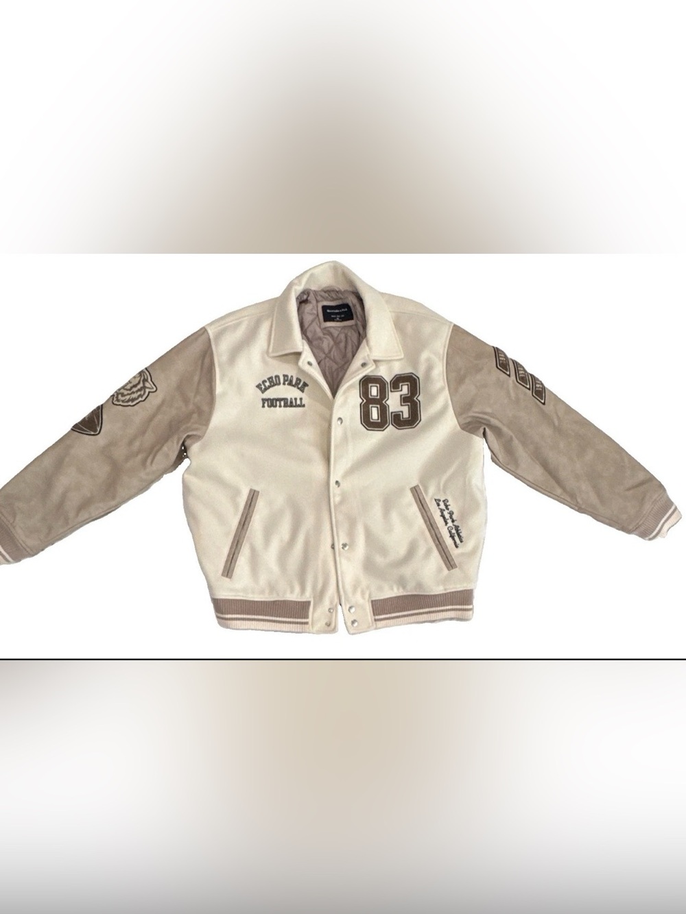 Abercrombie & Fitch Men’s XL Cream and Tan Varsity Bomber Jacket